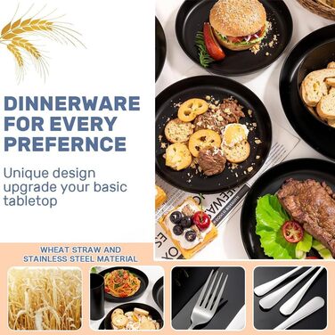 Набір посуду для кемпінгу з нержавіючою сталлю, міцний пластиковий посуд, легкий, яскравий та багаторазовий для пікніків, барбекю та саду, придатний для миття в посудомийній машині, чорний