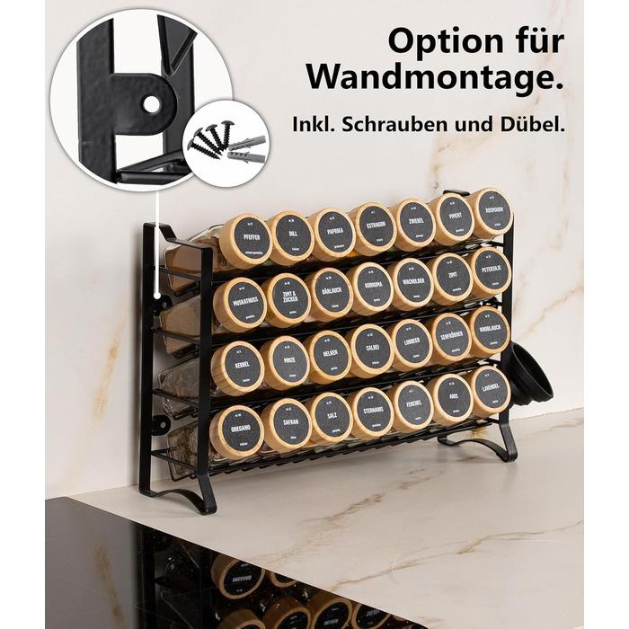 Підставка для спецій Deco haus, настінна та настінна З 28 БАНКАМИ ДЛЯ СПЕЦІЙ ТА ЕТИКЕТКАМИ - Органайзер для спецій - Органайзер для підставки для спецій - Підставка для спецій, підвісні підставки для спецій - Шафа для підставки для спецій, чорне сховище д