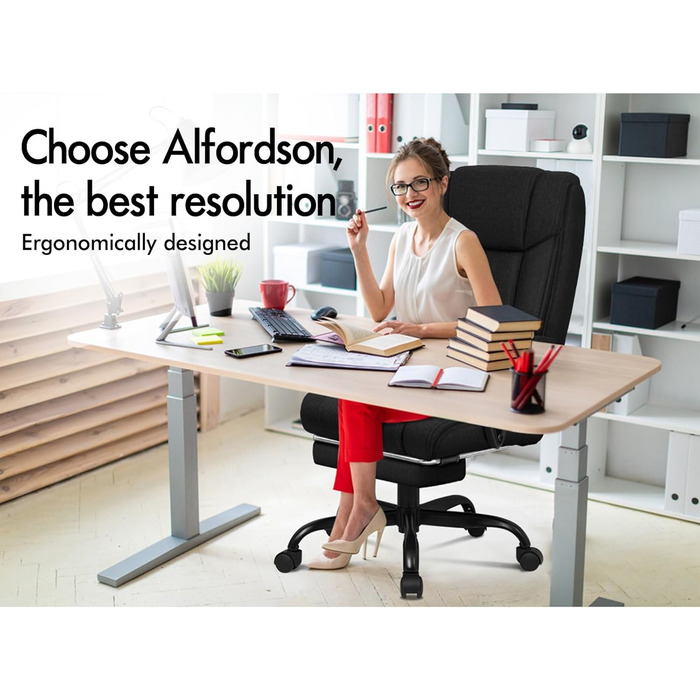 Ергономічне офісне крісло ALFORDSON, комп&39ютерне крісло з підставкою для ніг, сітчасте крісло з високою спинкою, поворотне крісло з нахилом 150, тканина, чорний колір (лляна тканина), серія Boss