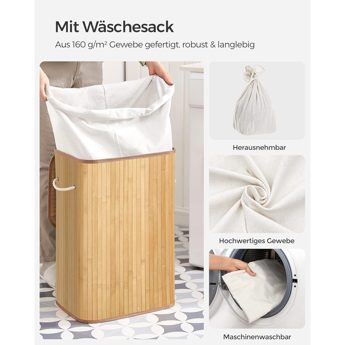 Кошик для білизни з кришкою, 72 л, бамбуковий, складаний, зі знімним мішком для прання, з ручками, для пральні, спальні, колір дер