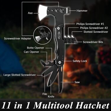Мультитул Топірець Чоловічий подарунок 11-в-1 багатофункціональний інструмент з сокирою ніж молоток пила відкривачка для пляшок ви