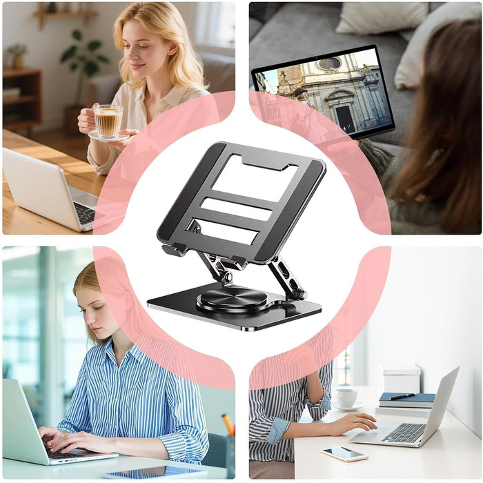 Підставка для ноутбука на стіл З охолодженням, з поворотною базою на 360 Регульований тримач для планшета - для роботи, навчання, дому, ігор, для чоловіків, жінок, дорослих. Чорний колір