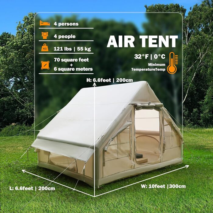Надувний кемпінговий намет з насосом, надувний намет Oxford 420D для кемпінгу, водонепроникний до 3000 мм, вітрозахисний намет-кабінка на 4 сезони з сітчастими вікнами, розрахований на 3-4 особи, з каміном / 300 x 200 x 200 см