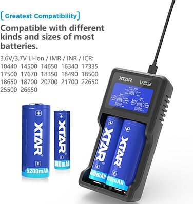 Зарядний пристрій Xtar VC серії VC2 VC2 Plus VC4, USB, РК-дисплей, одночасно заряджає літій-іонні та нікель-металгідридні акумулятори VC2