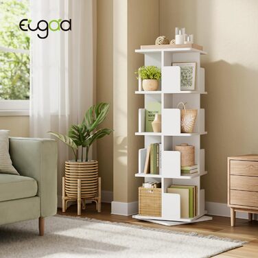 Обертова книжкова полиця EUGAD, кімнатна перегородка, полиця на місці, обертова полиця, офісна полиця, декоративна полиця, вільно обертається на 360 з 4 полицями для спальні, офісу, МДФ, білий, 39,5 x 128 x 39,5 см, 4 полиці (39,5 Ш x 128 В x 39,5 Г см), 