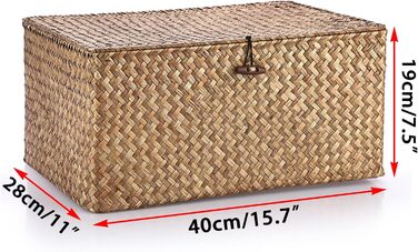 Плетений кошик для зберігання з морської трави з кришкою, натуральний плетений коричневий кошик-поличка з пряжкою для організації іграшок, одягу, фруктів для гардеробу, вітальня, 40 x 28 x 19 см, кавово-коричневий