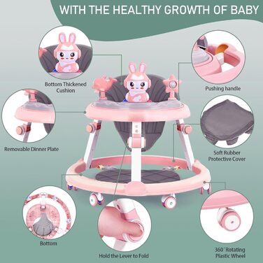 Дитячі ходунки 3 в 1 з килимком на підлозі, шасі з 6 коліс та захистом від перекидання, регульована висота, ходунки з музичним підносом та іграшками, складаються для зручного зберігання, ідеально підходять для хлопчиків, рожеві