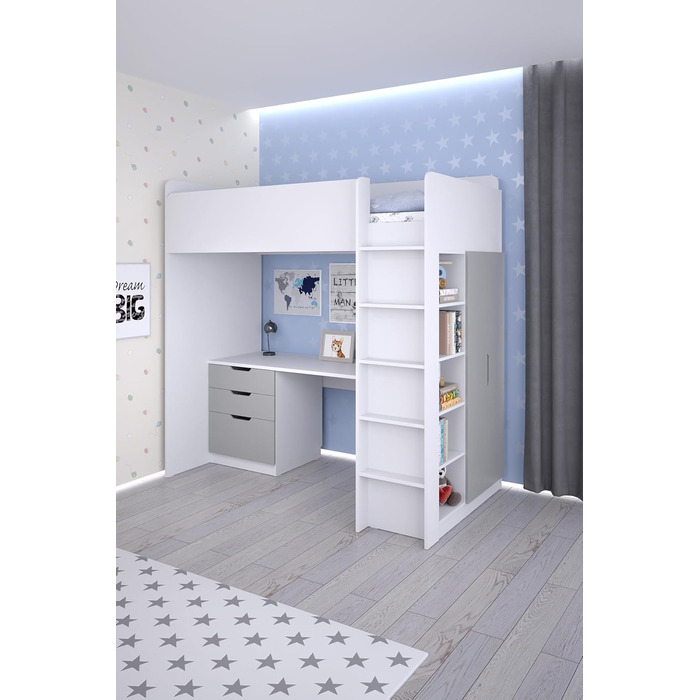 Дитяче ліжко-горище Shefa з письмовим столом - компактне ліжко-горище 5-в-1 для дітей зі сходами, шафою, полицею та робочою зоною - сірого кольору, вантажопідйомність до 90 кг, розміри 206 x 107 см