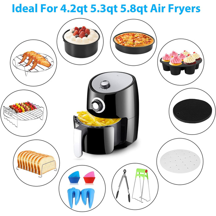 Аксесуари для фритюрниці xxl, аксесуари для фритюрниці 8 дюймів, набір аксесуарів для фритюрниці 14 шт. для фритюрниці для принцеси ніндзя Аерофритюрниця Philips Tefal 4.5 л 5.2 л 5.5 л XL, без бісфенолу А, антипригарне покриття 14 шт. Аксесуари для фритю