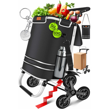 Багатофункціональний візок для покупок зі сходами, з термосумкою, складною конструкцією, місткістю 56л та вантажопідйомністю до 50кг 3-в-1 Візок-драбина, сумка-візок та сумка через плече Складаний візок для покупок з жетоном для покупок, чорний