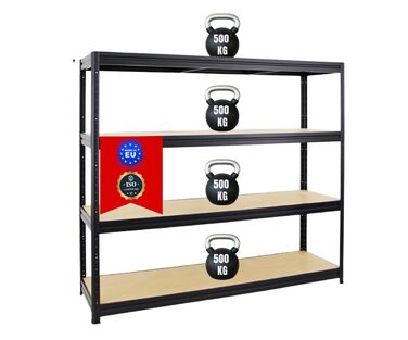 Надміцний стелаж Dino Extra Wide 180x200x60 см, Вантажопідйомність полиці 500 кг, Чорний, Гаражні стелажі, Стелажі для зберігання, Безболтові стелажі, Широкопролітний стелаж 180x200x60 см Чорний Панелі МДФ 6,5 мм