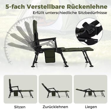 Рибальське крісло COSTWAY зі знімною підставкою для ніг, кемпінгове крісло з регульованою спинкою та м&39якою високою спинкою, регульоване по висоті коропове крісло, складне рибальське крісло для кемпінгу, риболовля в наметі