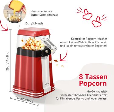 Машина для приготування попкорну YASHE Retro, машина для приготування попкорну з гарячим повітрям потужністю 1200 Вт з мірним стаканчиком, одним дотиком, без олії, ідеально підходить для домашнього кінотеатру, вечорів кіно, вечірок