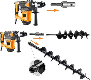Буровий інструмент для саду та городу 800 мм, сталевий, з запобіжним болтом та адаптером SDS. Спіральний бур для стовпів, свердловини та земляних робіт (800 мм x 120 мм), чорний.