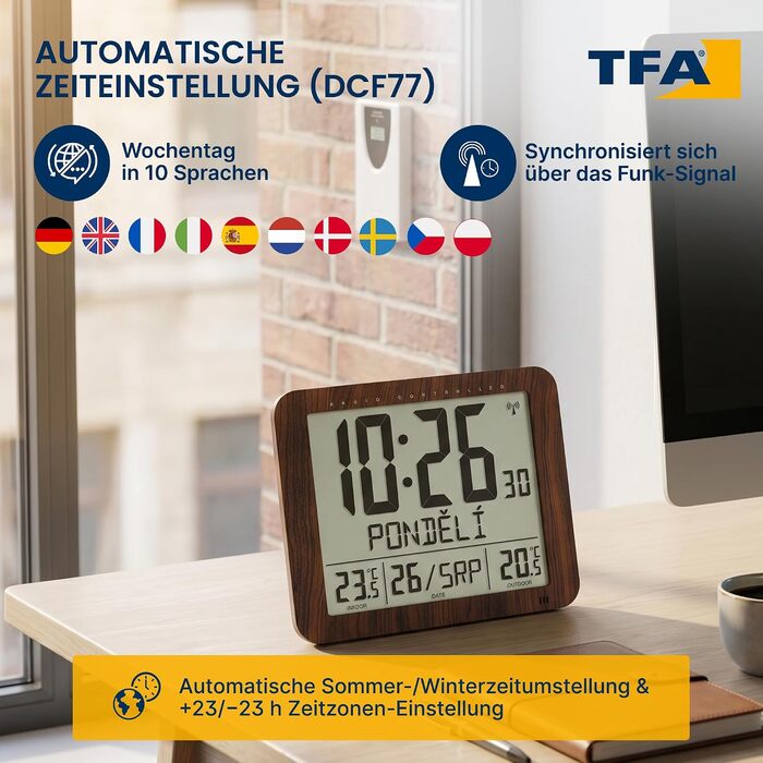Цифровий настінний годинник TFA Dostmann під дерево (60.4518.08) з радіосинхронізацією, зовнішнім датчиком, термометром (внутрішня та зовнішня температура), датою та днем тижня, коричневий
