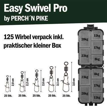 Набір рибальських вертлюжків PERCHN PIKE, включно з ящиком, Duo-Lock Snap, 8-28 кг, набір рибальських вертлюжків, набір вертлюжків 125 для спінінгової риболовлі, вертлюг рибальський з карабином для лову форелі, окуня, судака та щуки.