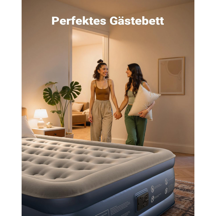 Самонадувальний надувний матрац, надувне ліжко для 2 осіб, надувний матрац, гостьове ліжко з електричним повітряним насосом, швидке надування за 3 хвилини для кемпінгу, 152x203x46 см, сірий, 2 особи (152x203x46 см)
