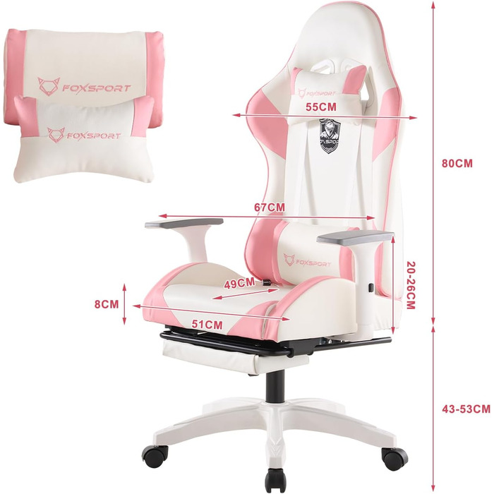 Ергономічне ігрове крісло, комп&39ютерне крісло з педалями - регульоване по висоті, обертове крісло з підголівником та поперековою опорою, нахил 155 (рожеве)