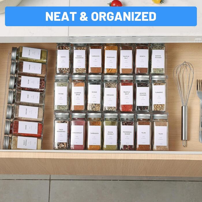 Органайзер для спецій з 28 баночками для спецій, 348 етикеток для спецій, 4-рівнева прозора акрилова вставка для шухляд для спецій для кухні, шафи, стільниці, набір з 28 предметів, прозорий