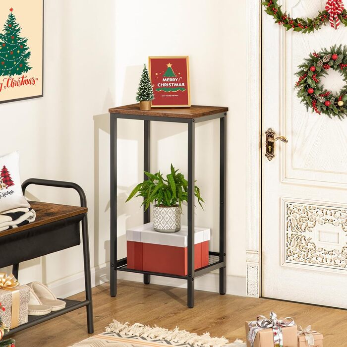 Високий журнальний столик HOOBRO, телефонний столик з регульованою сітчастою полицею, вузька тумбочка, диван-столик, 38 x 28 x 73,5 см, для офісного коридору, вітальні, промисловий дизайн, темно-коричневий EBF03DH01 рустикальний коричневий, чорний