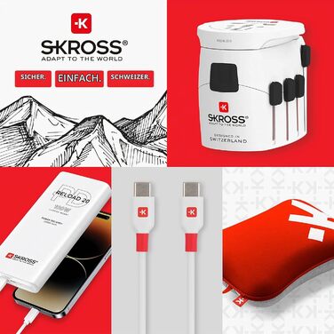 Універсальний дорожній адаптер SKROSS (2-полюсний) з портами USB-A та USB-C, компактний перехідник для ноутбуків із кабелем USB-C