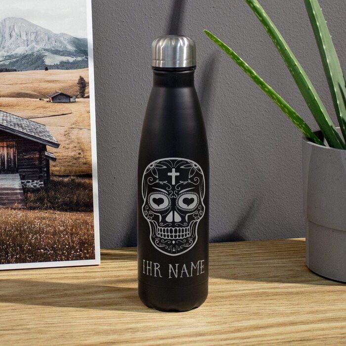 Термопляшка для води з гравіюванням тексту або імені - Термопляшка з нержавіючої сталі з гравіюванням, 500 мл - Чорна - Виберіть дизайн 500 мл Череп
