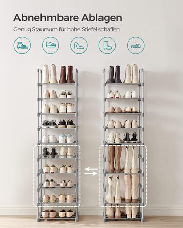 Рівнева взуттєва полиця, висока відкрита шафа для взуття, вузька підставка для взуття, металеве місце для зберігання взуття, компактне, для гардеробної, передпокою, 30 x 45 x 174 см, сірий LSA025G02 10 ярусів (45Ш см) сірий, 10-