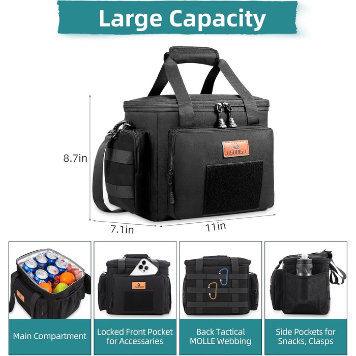 Тактична сумка для ланчу HSHRISH, двошарова ізольована велика сумка-холодильник для чоловіків та дорослих, водонепроникна, герметична, міцна сумка для ланчу для роботи, пікніків на свіжому повітрі, 12 л, чорна