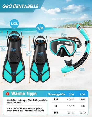 Набір для дорослого з маскою для підводного плавання з регульованими ластами, маскою для підводного плавання із захистом від протікання та запотівання та сухою маскою, професійний набір для підводного плавання 3 в 1, розмір S/M зелений