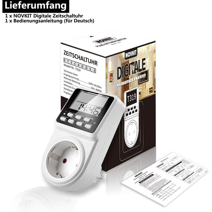 Інтервальна цифрова розетка з таймером NOVKIT з нескінченним циклом, 3 програмами перемикання та зворотним відліком для використання в приміщенні (230 В / 16 А / 3600 Вт)