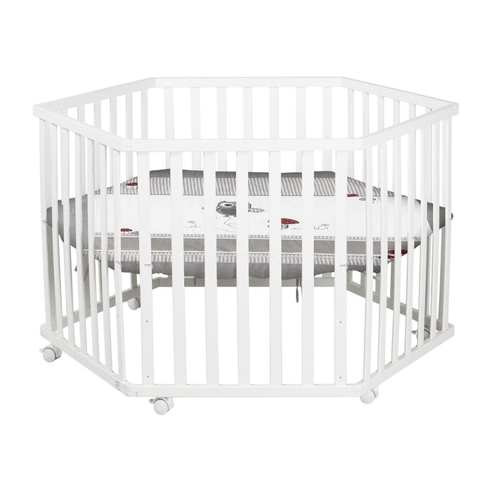 Сторонній манеж roba з вкладишем Adam & Owl - Ворота для повзання, регульована висота у 3 напрямках - Мобільний манеж на колесах - Дерево, білий / Adam & Owl, 6-