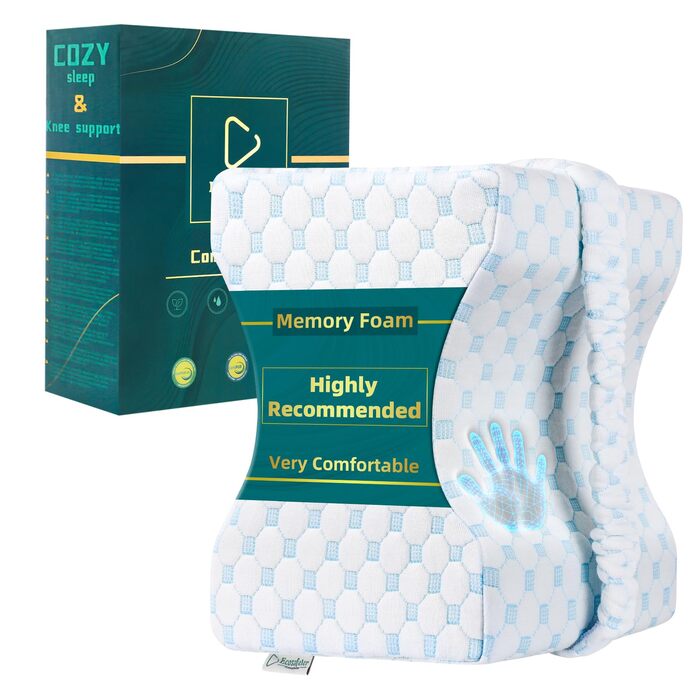 Подушка для колін для тих, хто спить на боці - розроблена лікарями ортопедична подушка для ніг з піни з ефектом пам&39яті для полегшення болю при ішіасі, болю в попереку, стегнах та суглобах. У комплекті відповідний ремінь для підтримки ніг. Синій.