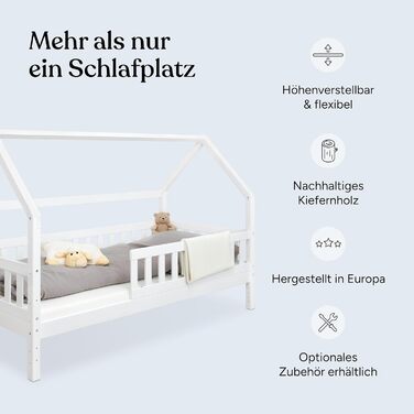 Ліжко Ehrenkind Lille House Дитяче ліжко зі знімними захисними поручнями з масиву дерева, сертифіковане FSC, включаючи шухляди Ліжко House 90x200 Дитяче ліжко 90x200 Біле 90 x 200 см з шухлядами