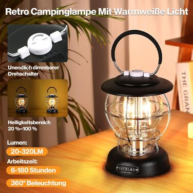 Ліхтар для кемпінгу, ретро-ліхтар для кемпінгу, (320 лм, IP44, 5000 мАг, до 180 годин) 3 рівні яскравості, плавне затемнення, акумуляторний ліхтар для кемпінгу, зовнішній світлодіодний ліхтар для кемпінгу RCL0002