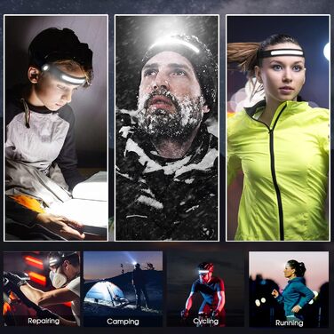 Налобний ліхтар Outdoor Vibes із широким кутом огляду, світлодіодний, що перезаряджається від USB, з пов&39язкою на голову для кемпінгу, бігу, риболовлі, ремонту, пригод, чорний, розміри S-XXL ()