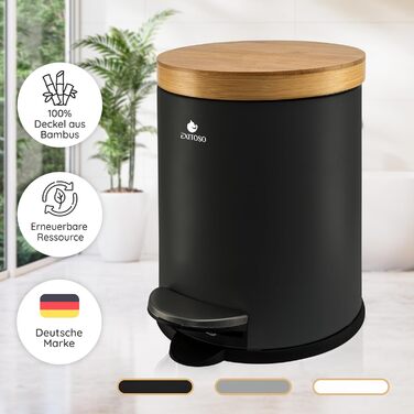 Відро для сміття для ванної Exitoso 5 л чорне - косметичне відро з бамбуковою дерев'яною кришкою та механізмом плавного закриття -