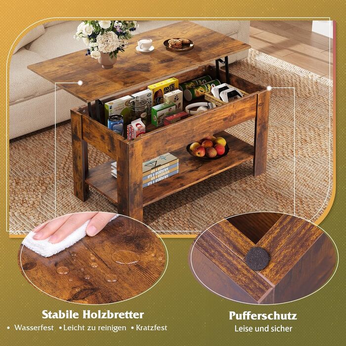 Журнальний столик WLIVE з регульованою висотою та полицею, прямокутний стіл для вітальні з відкритим та прихованим місцем для зберігання, журнальний столик для вітальні, спальні (індустріальний, рустикальний коричневий) Рустикальний коричневий індустріаль