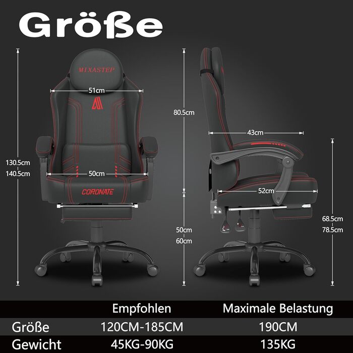 Ергономічне ігрове крісло з регульованою спинкою та функцією повороту на 360 - Офісне крісло для дорослих/молоді 150 кг, тканинне крісло з ПК червоного кольору для домашнього офісу/ігор