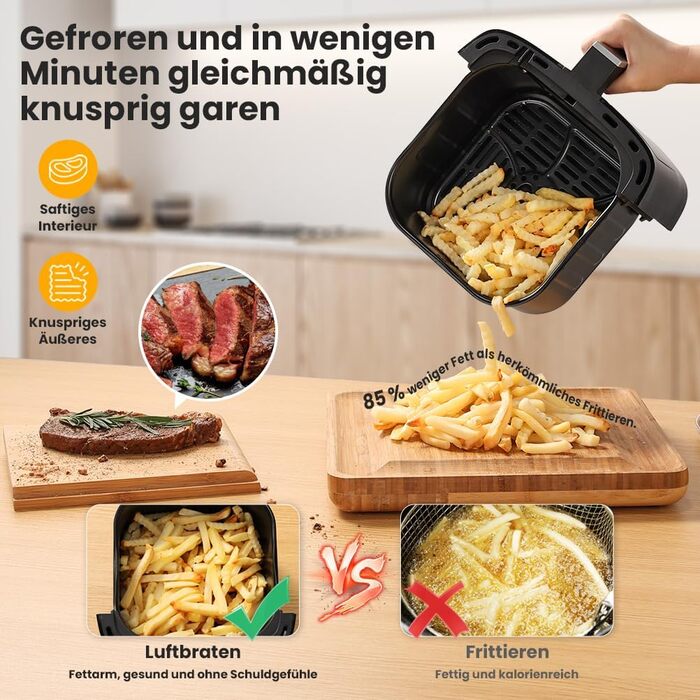 Аерофритюрниця 4.5 л Аерофритюрниця 1500 Вт Мультифункціональна фритюрниця XXL з книгою рецептів без олії для 1-6 осіб без BPA