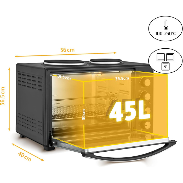 Міні-піч TZS First Austria з конфорками Ємність 45 л, 3200 Вт, конвекція, макс. 230C Деко для випікання, решітка для гриля, решітка для гриля, внутрішнє освітлення компактний для кемпінгу, гуртожитків та невеликих кухонь 45л Аналогічні