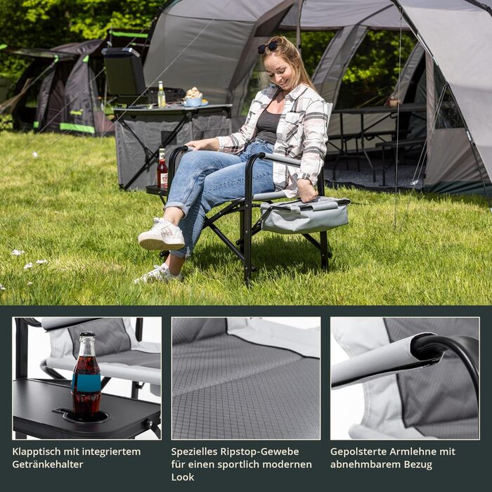 Кемпінгове крісло Skandika Tepsa Зручне розкладне крісло зі столиком та відділенням-холодильником, до 150 кг, складне, з підсклянником Розкладне крісло для кемпінгу, наметів, фестивалів, риболовлі, пляжу, сіре