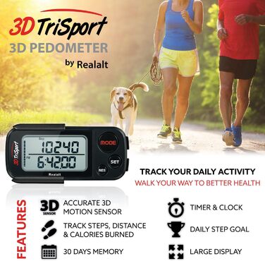 Крокомір Realalt 3DTriSport 3D із затискачем та ремінцем, в комплекті електронна книга 30-денна пам&39ять, точний крокомір, відстань ходьби в милях/км, лічильник калорій, щоденне відстеження часу тренувань (чорний)