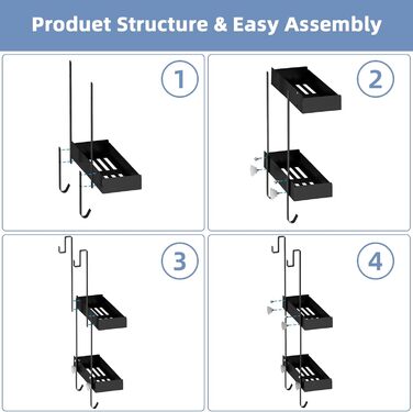 Підвісна полиця для душу, органайзер для скляних душових дверей, тримач для шампуню, кошик для душу без свердління, чорний, з 8 гачками, нержавіюча сталь 65.5x30x11.2 см