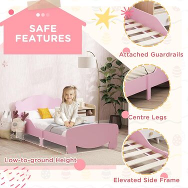 Дитяче ліжко AIYAPLAY Монтессорі для дітей 3-6 років, 140x70 см, односпальне ліжко з бортиками, що запобігають падінню, та дерев&39яною рейковою основою у формі ведмедика для дитячої кімнати, рожеве