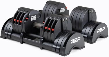 Регульовані гантелі Rep Fitness Quickdraw, доступні в кількох діапазонах ваги, включаючи 5-30, 5-40, 5-50 та 2,3-27,2 кг, 2,3 - 18 кг