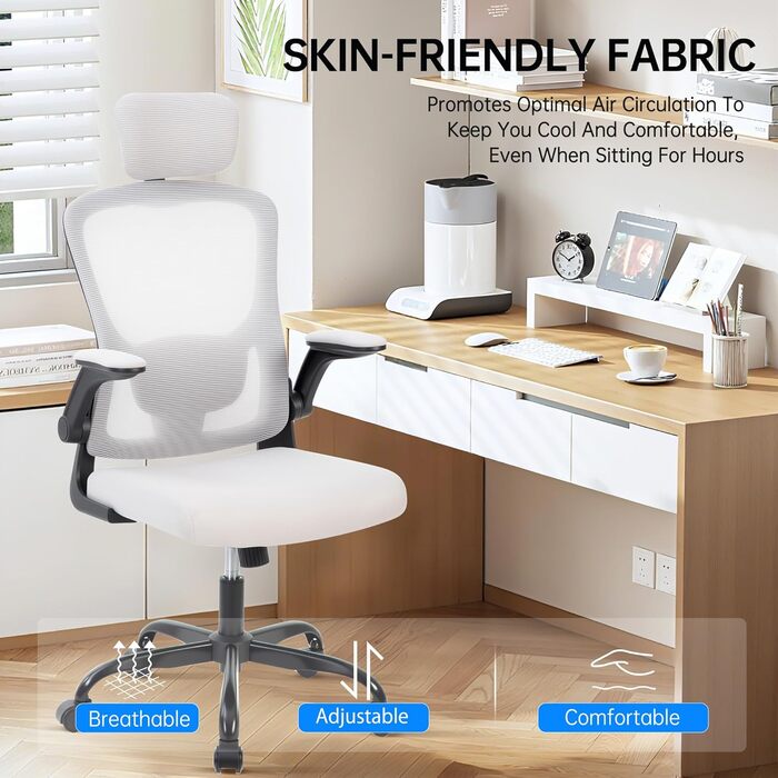 Ергономічне офісне крісло, регульована спинка з сітки з поперековою опорою та підголівником зручне обертове сидіння для дистанційної роботи/домашнього офісу (сталевий сірий легке складання за 10 хвилин)