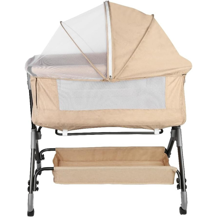 Дитяче ліжечко Kedia з москітною сіткою, дитяче ліжечко та дорожнє ліжечко з колесами, дитяче ліжечко для новонароджених, регульована висота, ліжечко в режимі сну на боці (104 x 52 x 103-115 см, бежево-білий)