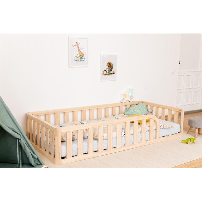 Ліжко Монтессорі, підлогове ліжко з рейковою основою, ліжко з захисними поручнями, дитяче ліжко, дерев&39яне ліжко з каркасом для хлопчиків та дівчаток, 160x90 см, натуральне дерево 160x90 см натуральне дерево - отвір для ліжка праворуч