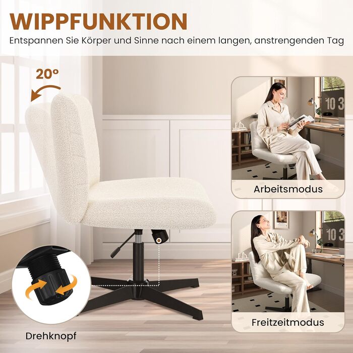 Офісний стілець Yaheetech, стілець для роботи з широкою подушкою сидіння, регульований по висоті обертовий стілець із середньою спинкою, стілець зі схрещеними ногами для офісів та спалень, колір слонової кістки, без коліс