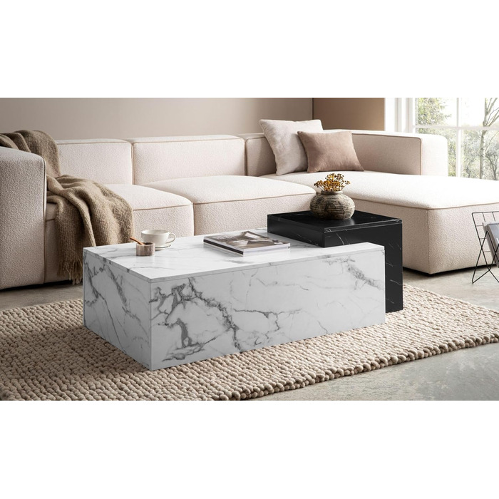 Журнальний столик FineBuy 120x60x40 см Білий Чорний Диванний столик з мармуровим виглядом Сучасний, Дизайнерський Прямокутний стіл для вітальні, Дворівневий журнальний столик, Великий журнальний столик